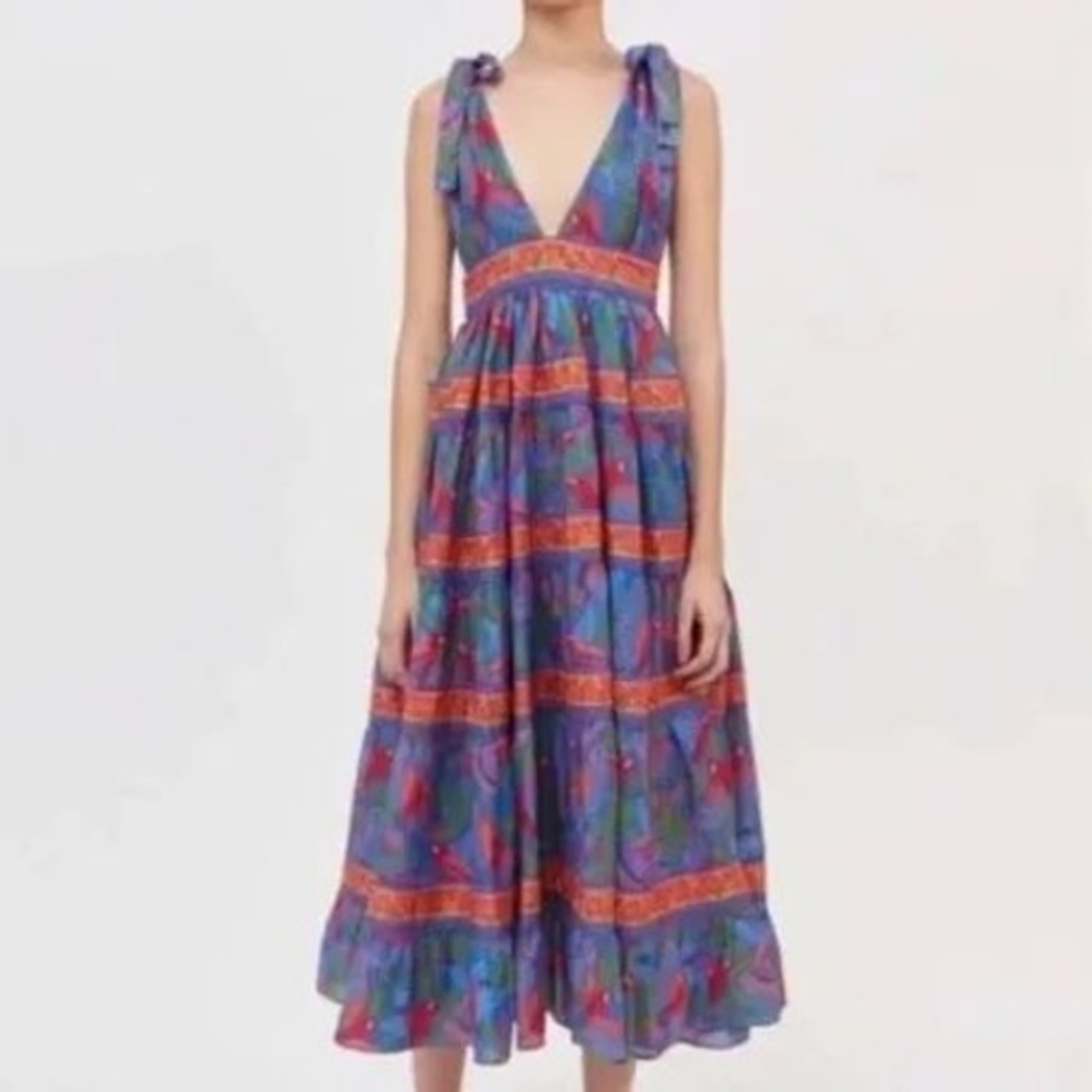 House of Harlow 1960 Blue Parrot Print Tiered Linen Blend Midi Dress Small